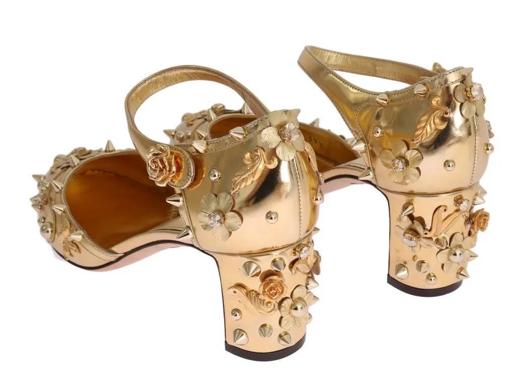 Gold Leather Crystal Fairy Tale Pumps