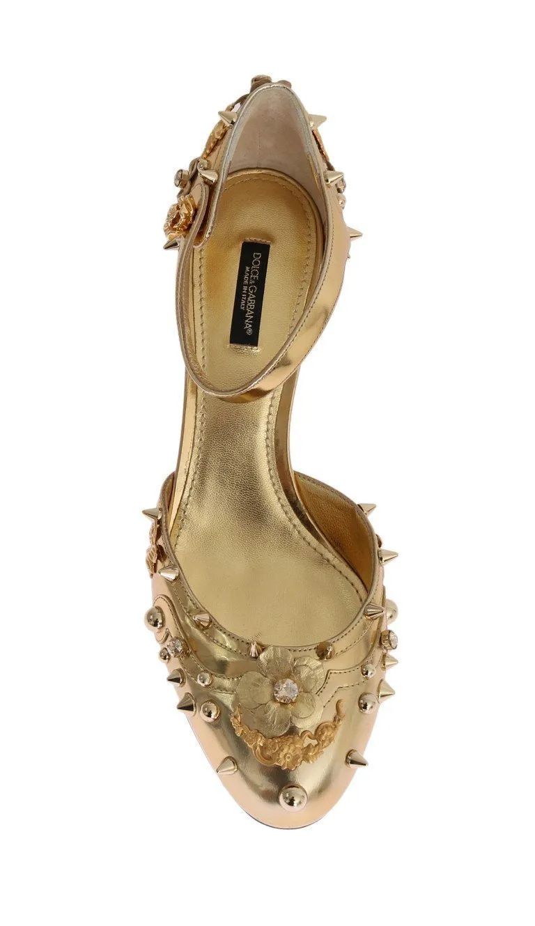 Gold Leather Crystal Fairy Tale Pumps