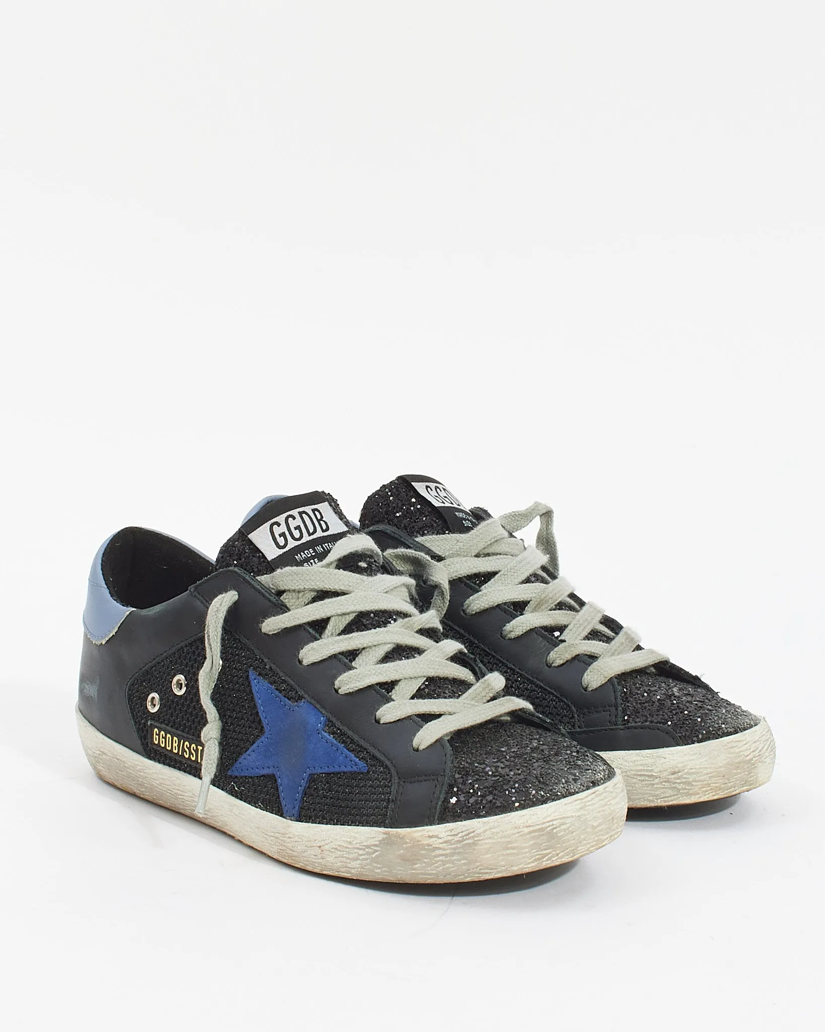 Golden Goose Black/Blue Leather and Glitter Low Top Superstar Sneakers - 37