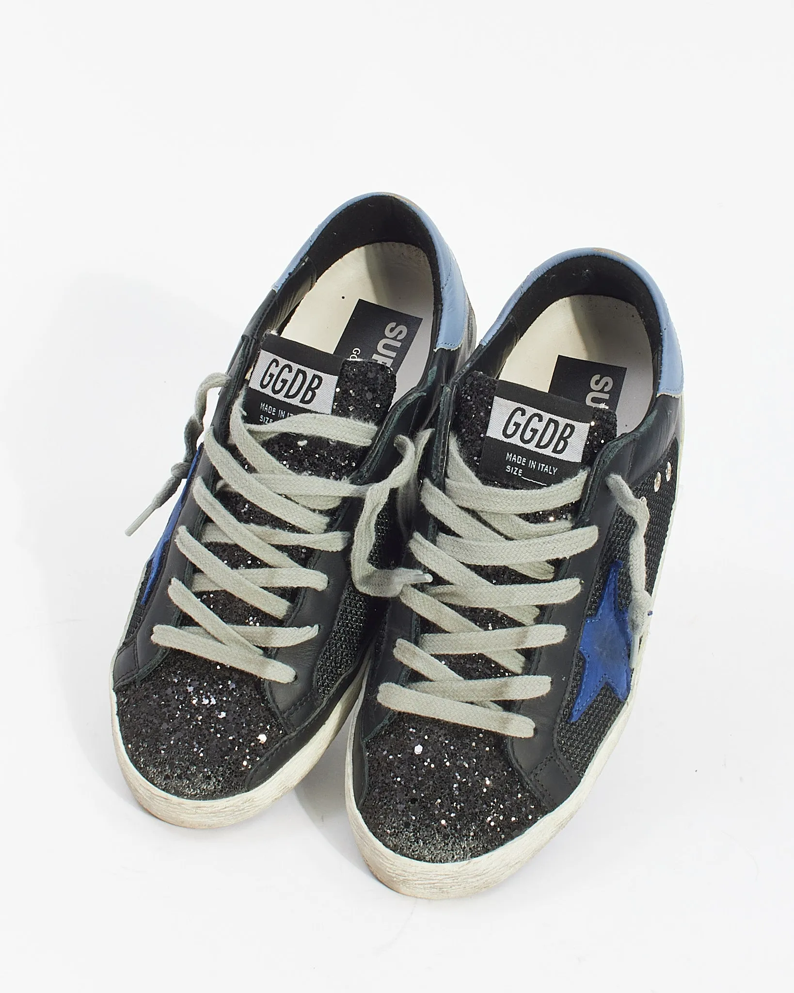 Golden Goose Black/Blue Leather and Glitter Low Top Superstar Sneakers - 37