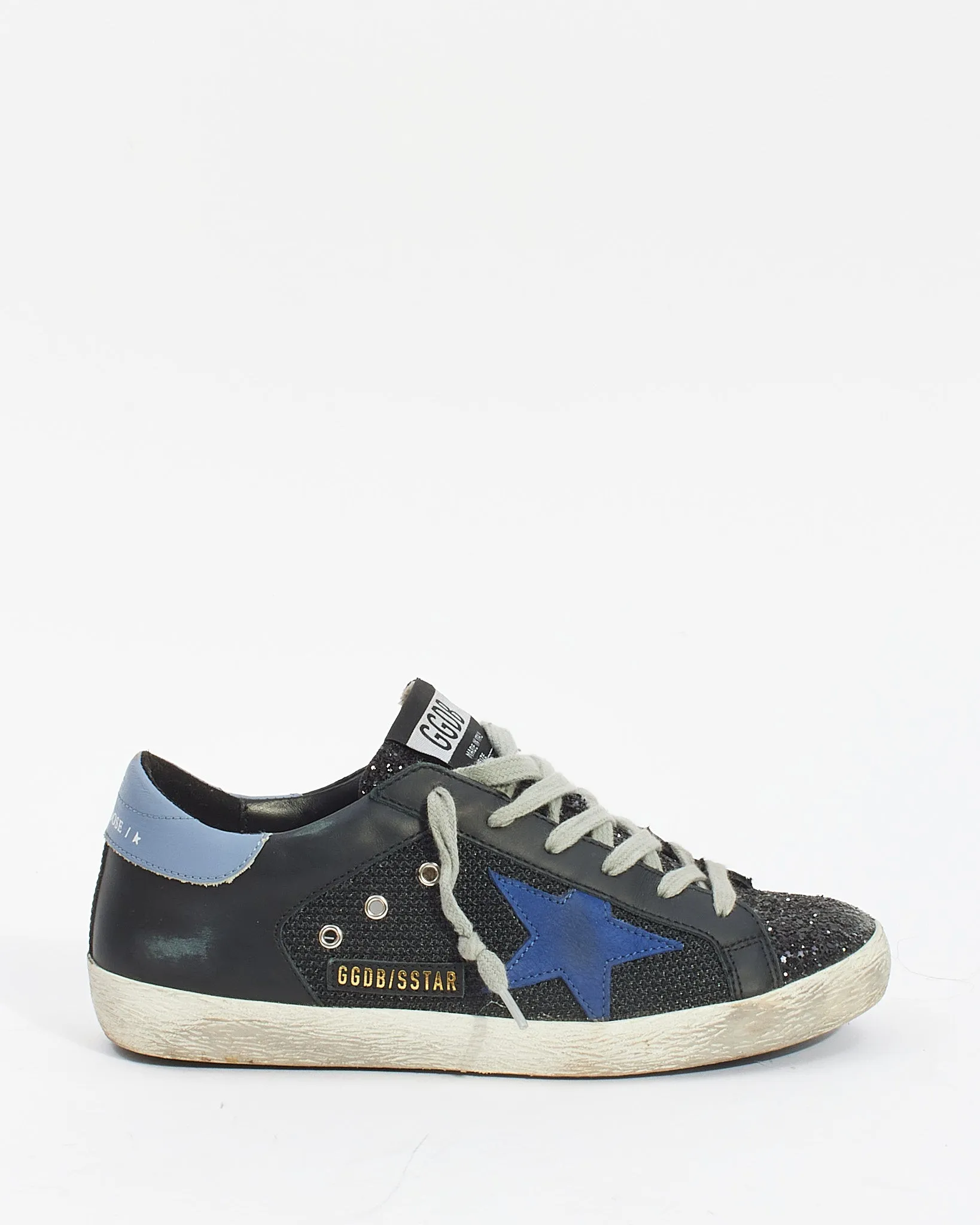 Golden Goose Black/Blue Leather and Glitter Low Top Superstar Sneakers - 37