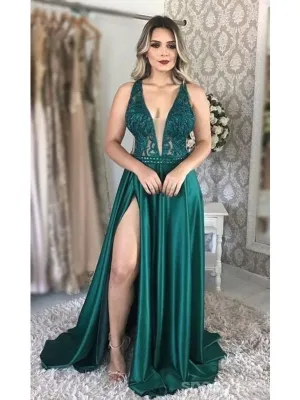 Green A-line V-neck High Slit Cheap Long Prom Dresses,Evening Party Dresses,12915