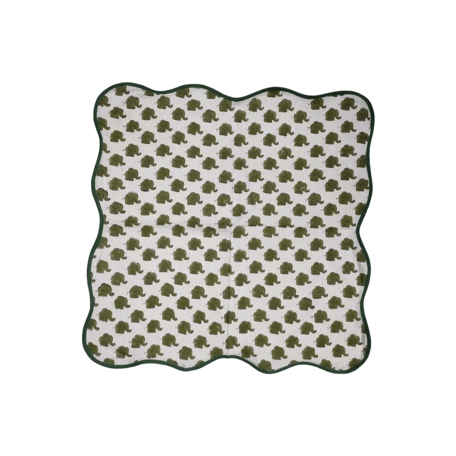 Green Dinosaur Block Print Scallop Cotton Napkins