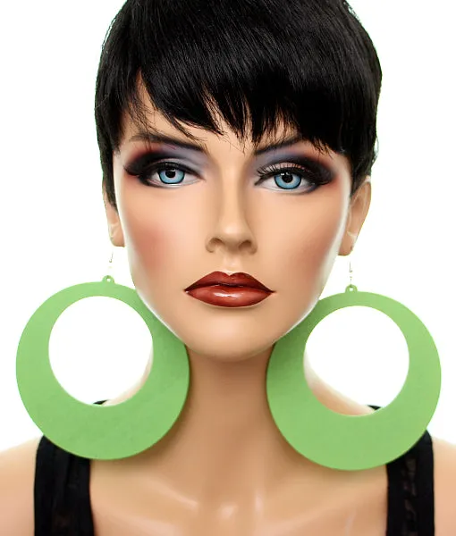 Green Gigantic Wooden Round Hoop Earrings