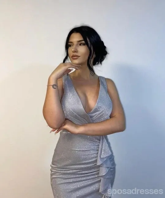 Grey Mermaid V-neck High Slit Cheap Long Prom Dresses Online,12877