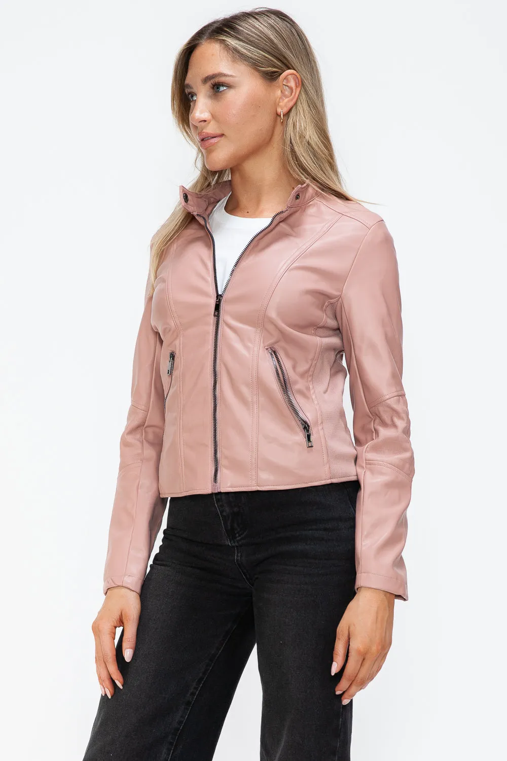 Hazel Blues® |  Snobbish Faux Leather Zip Up Drawstring Hooded Jacket