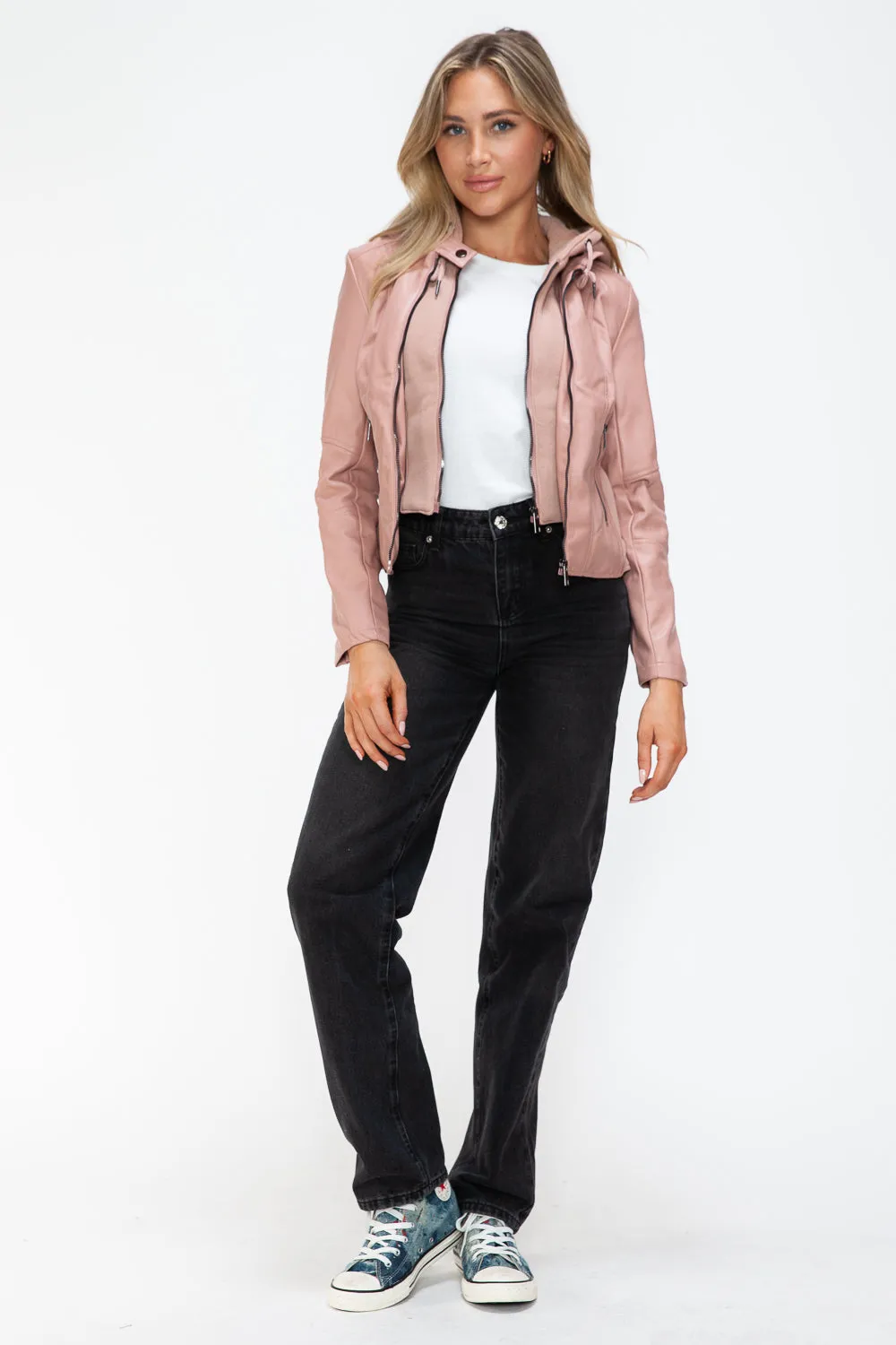 Hazel Blues® |  Snobbish Faux Leather Zip Up Drawstring Hooded Jacket