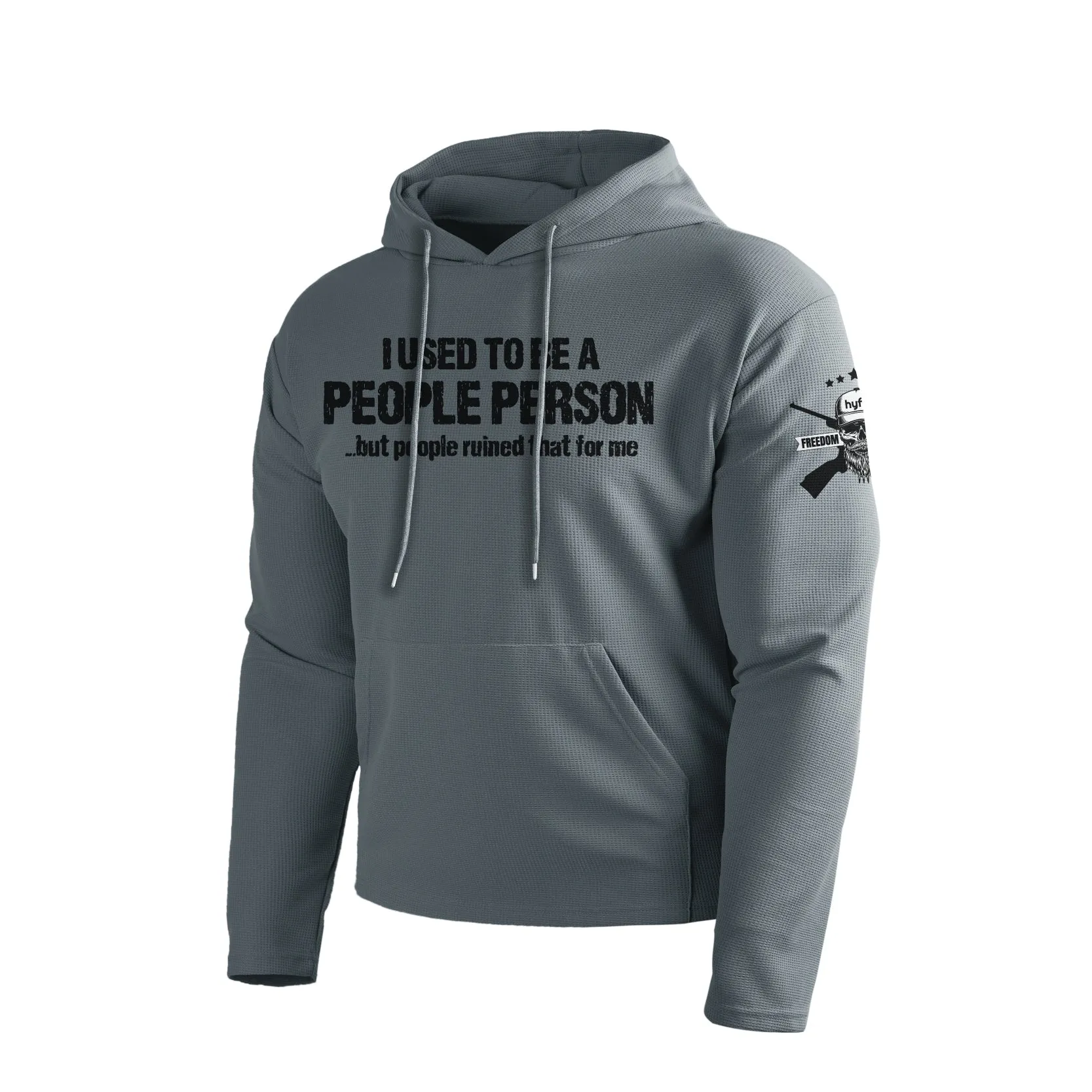 I USED TO BE A PEOPLE PERSON WAFFLE GRAPHIC POCKET HOODIE