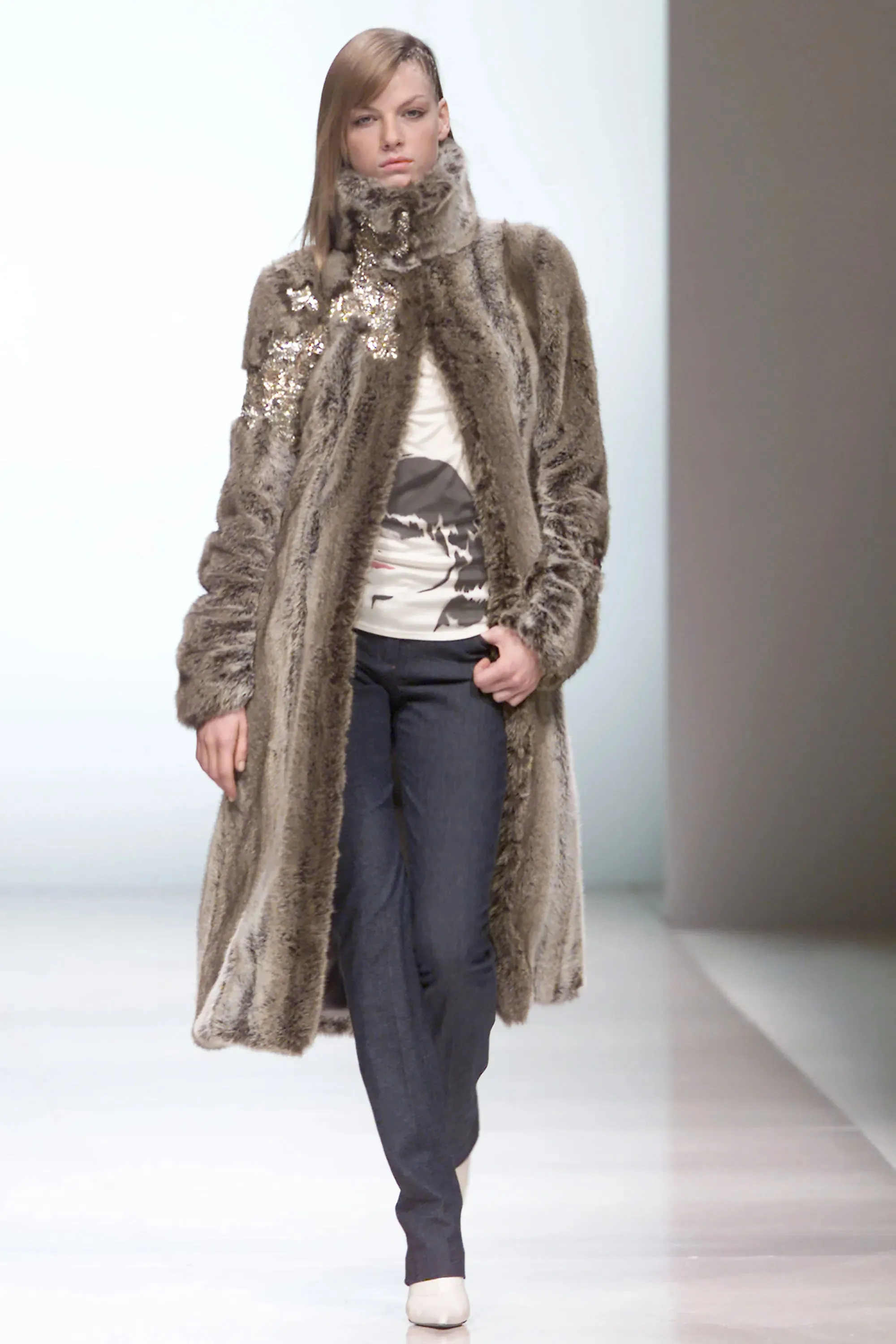 Incredible Fall 2001 Chloe by Stella McCartney Faux Fur Runway Look 1 Coat w Bead & Crsytal Detail