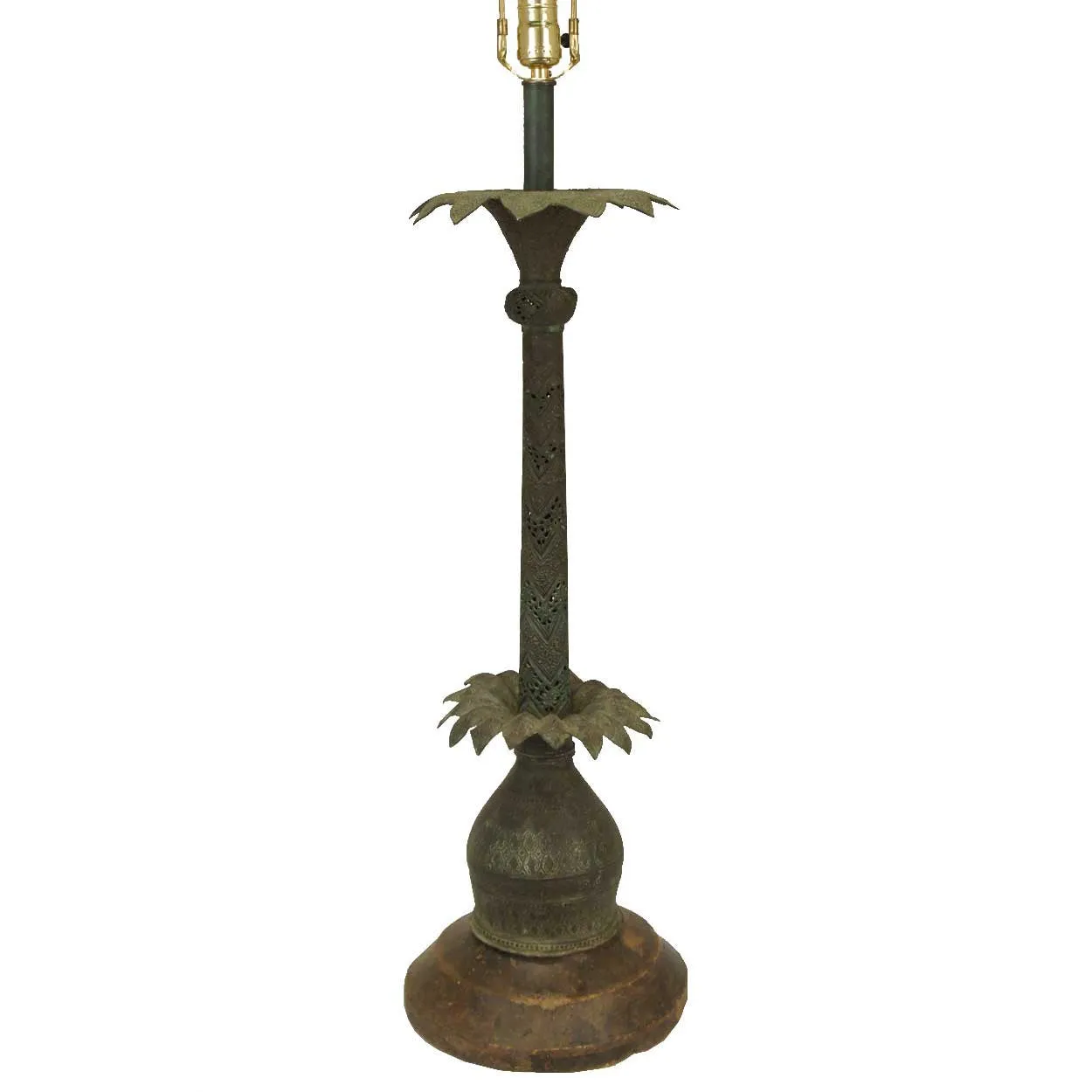 Indian Mughal Brass and Teak Palm Model as a One-Light Table Lamp