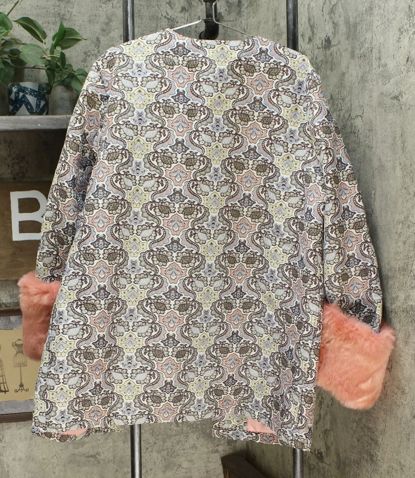 LaBellum by Hillary Scott Women's Plus Size Faux Fur Cuffs Jacquard Topper Jacket