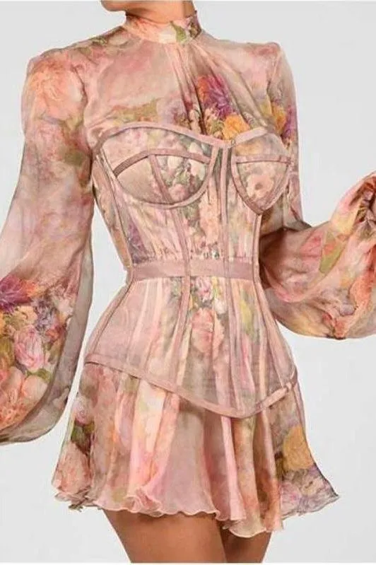 Lantern sleeve chiffon stitching A-line corset dress