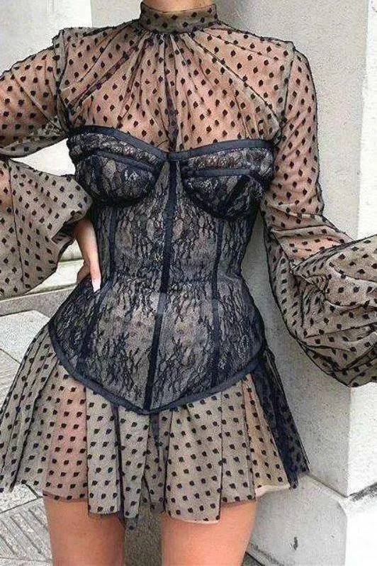 Lantern sleeve chiffon stitching A-line corset dress