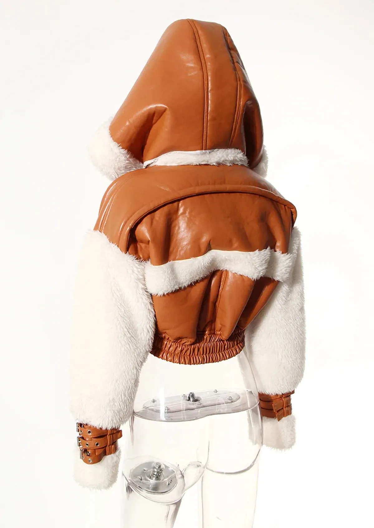 Leather Patchwork Lamb Wool Hooded Jacket Women Thick Warm Crop Coats