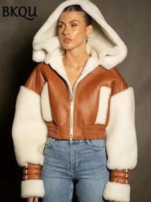 Leather Patchwork Lamb Wool Hooded Jacket Women Thick Warm Crop Coats
