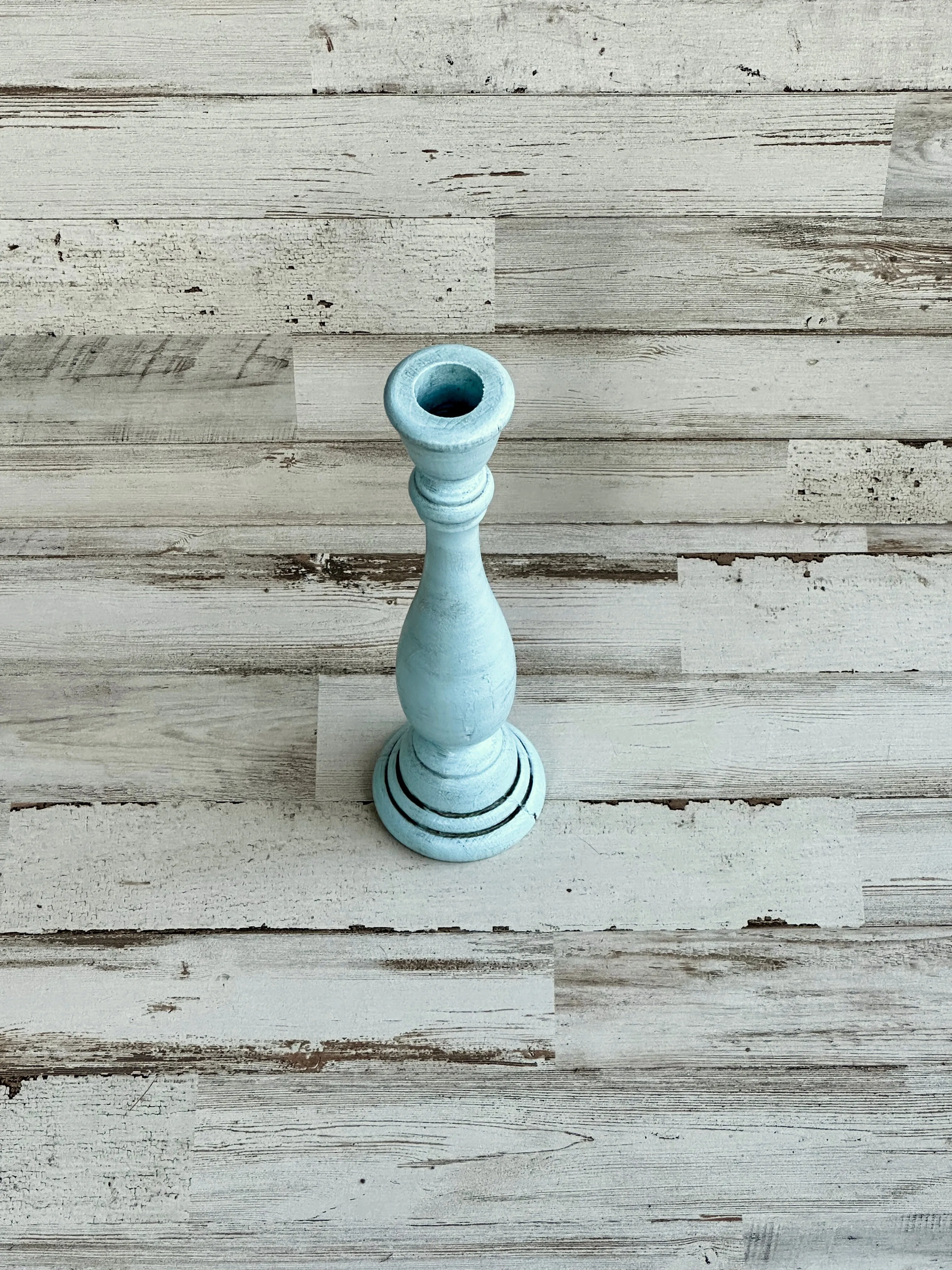 Light blue wooden taper candle holder