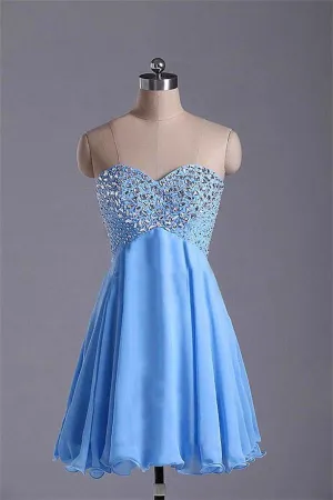 Light Sky Blue Short Sweetheart Beaded High Low Homecoming Dress K228