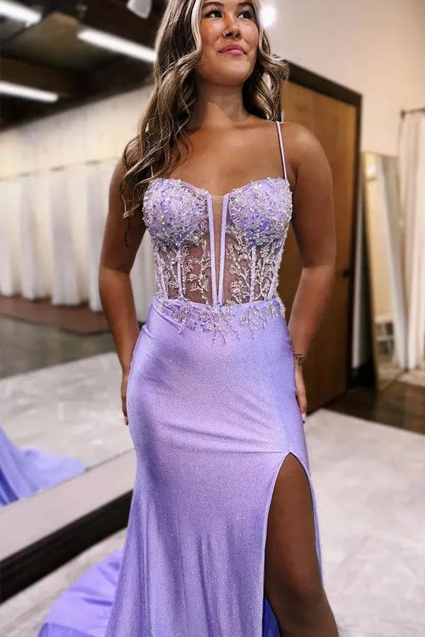 Lilac Mermaid Glitter Top Spaghetti Straps Long Prom Dress With Slit TP1307