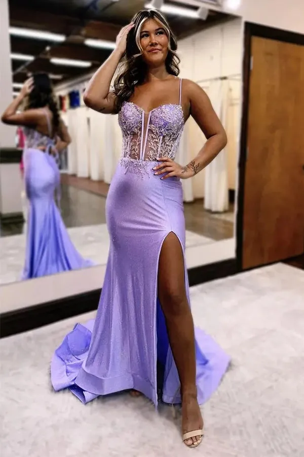 Lilac Mermaid Glitter Top Spaghetti Straps Long Prom Dress With Slit TP1307