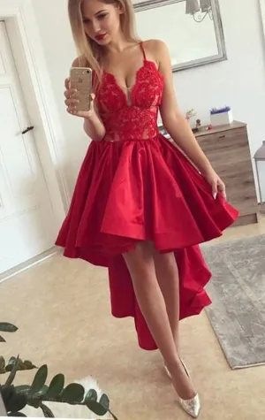 MACloth Straps V Neck Lace Taffeta High Low Prom Dress Red Formal Evening Gown