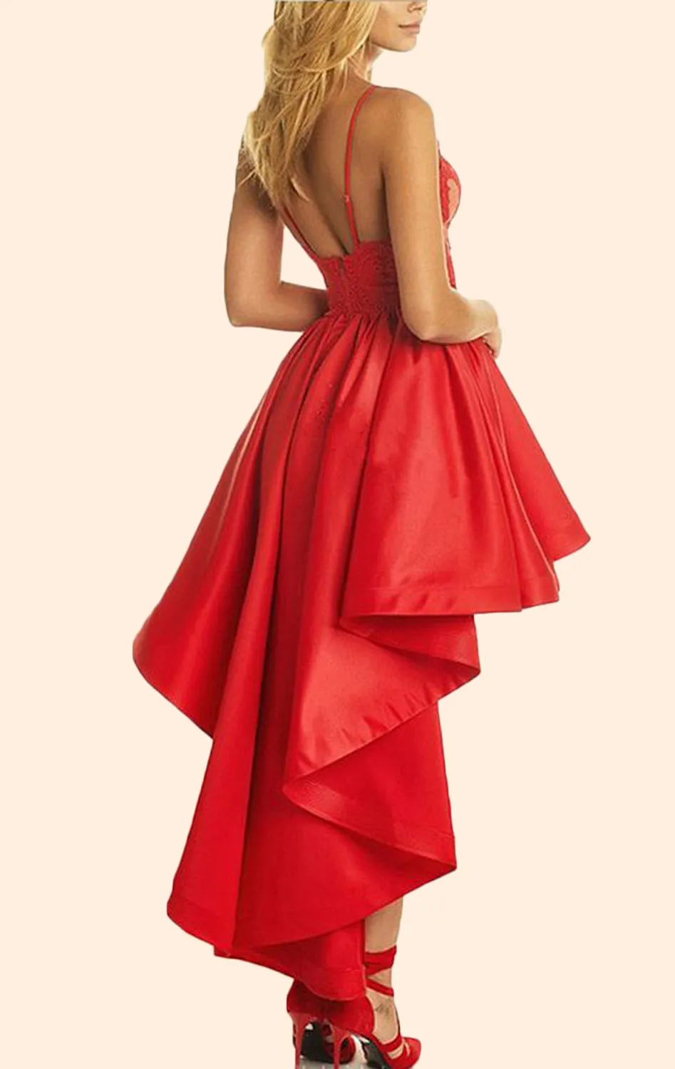 MACloth Straps V Neck Lace Taffeta High Low Prom Dress Red Formal Evening Gown