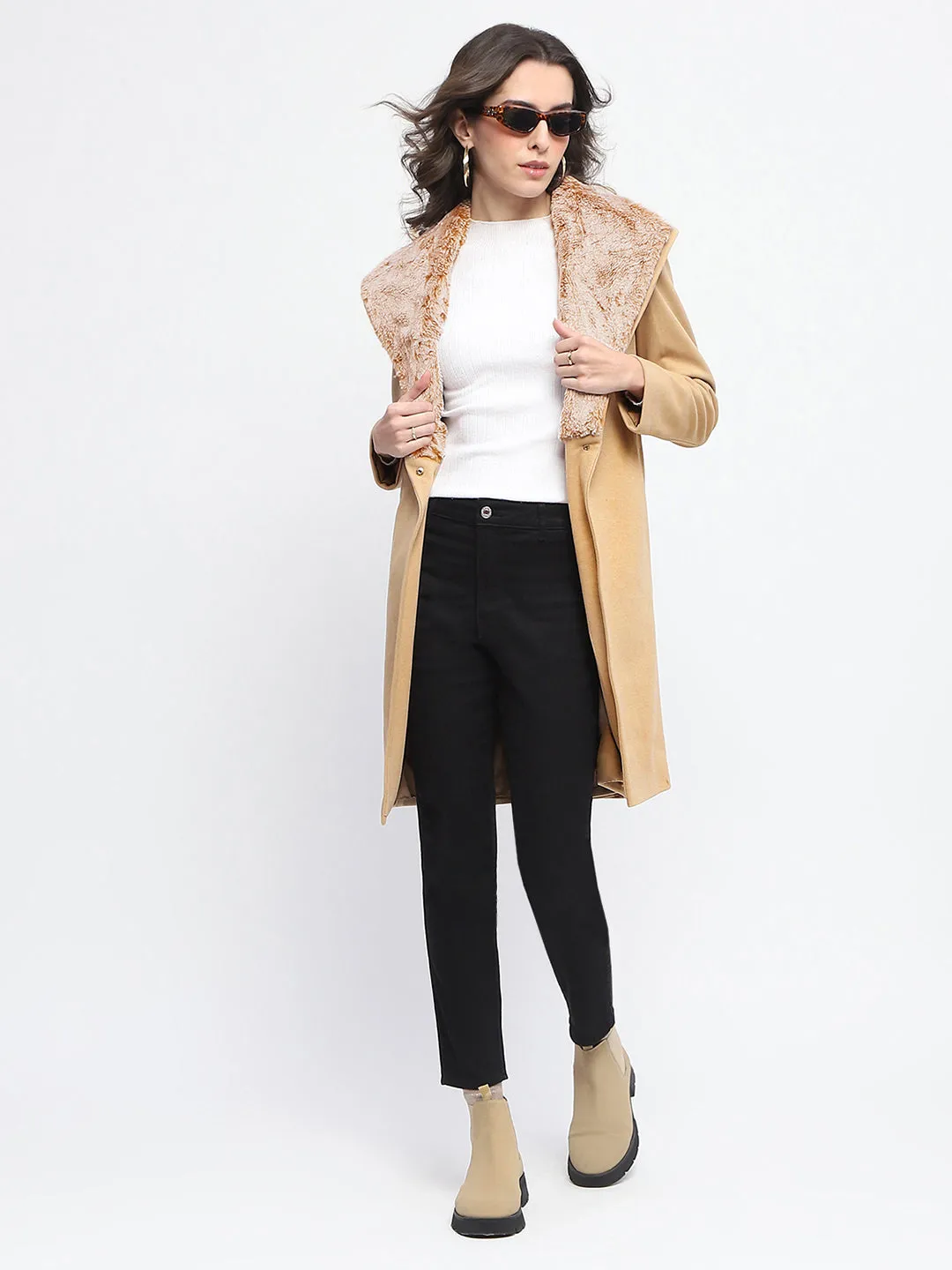 Madame Faux Fur Collar Belted Beige Long Coat