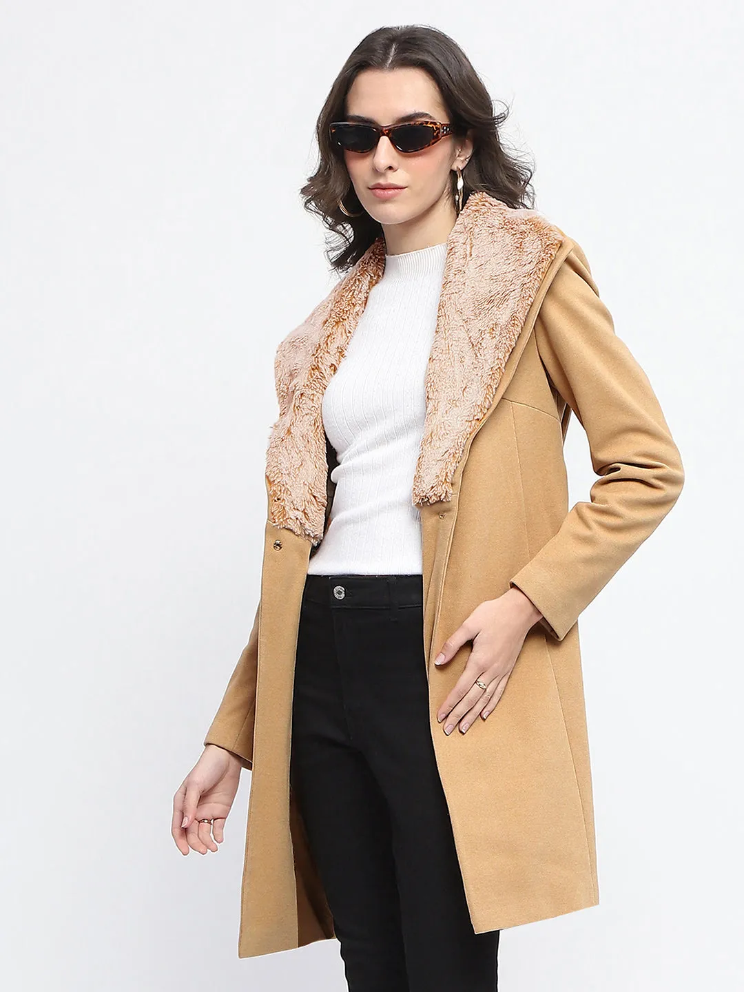 Madame Faux Fur Collar Belted Beige Long Coat