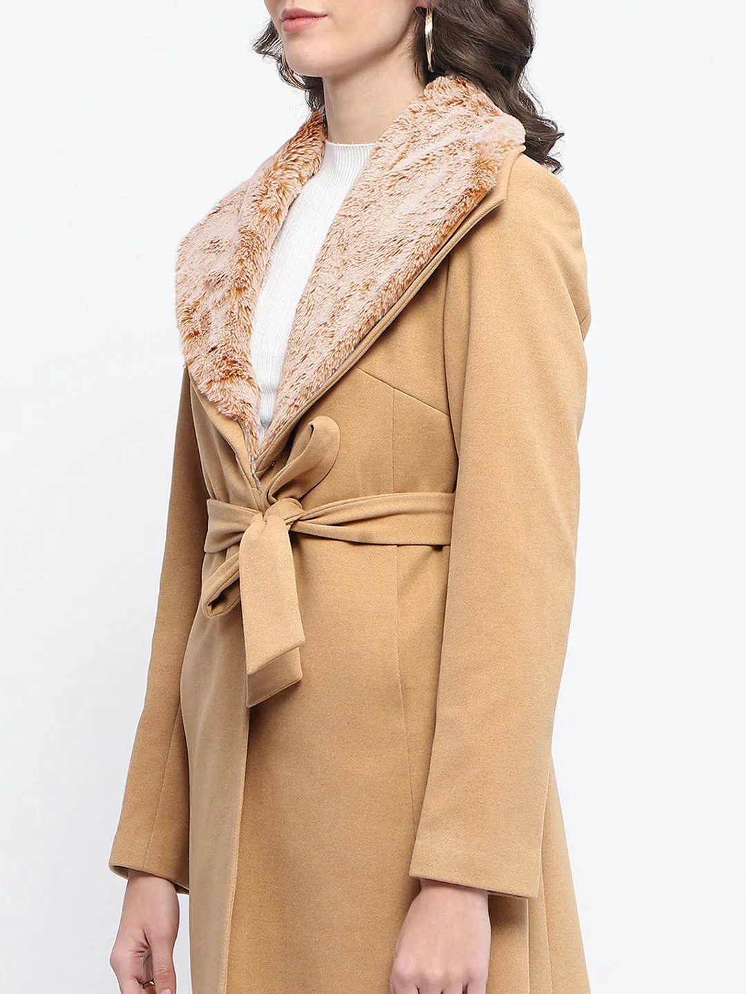 Madame Faux Fur Collar Belted Beige Long Coat