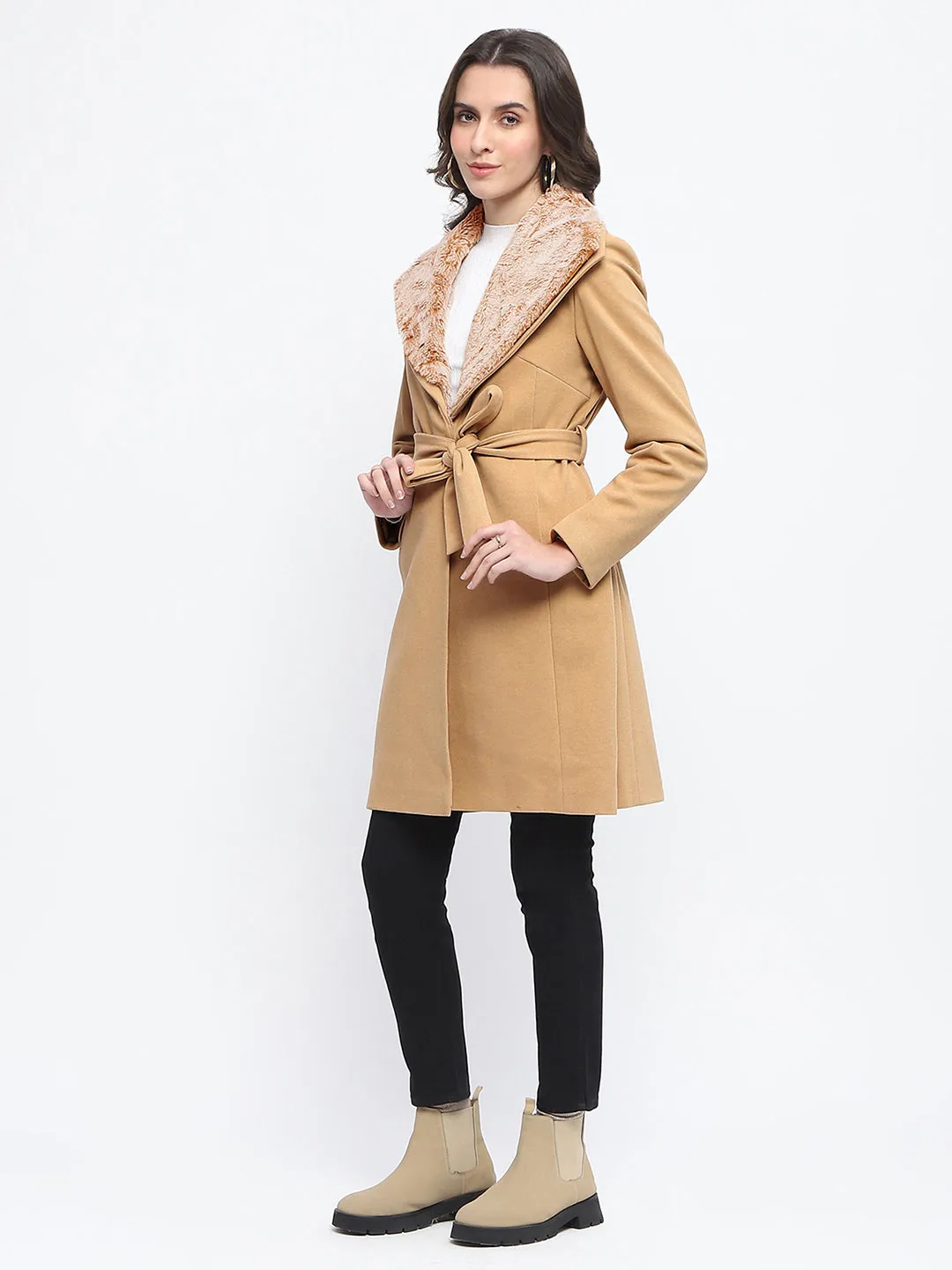 Madame Faux Fur Collar Belted Beige Long Coat