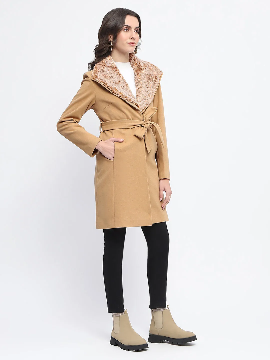 Madame Faux Fur Collar Belted Beige Long Coat
