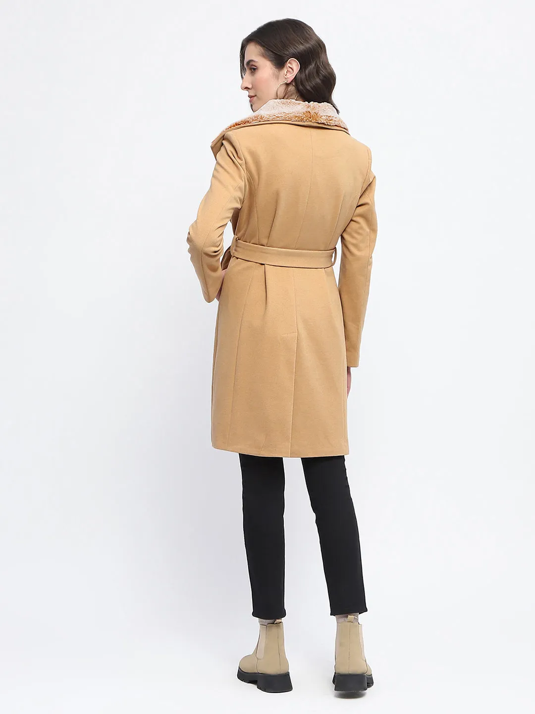Madame Faux Fur Collar Belted Beige Long Coat