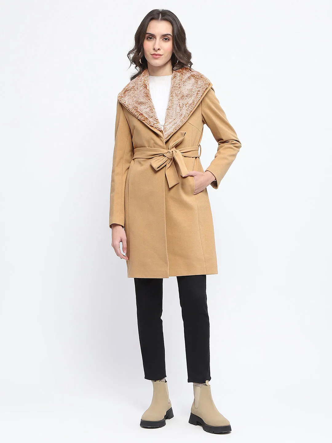 Madame Faux Fur Collar Belted Beige Long Coat
