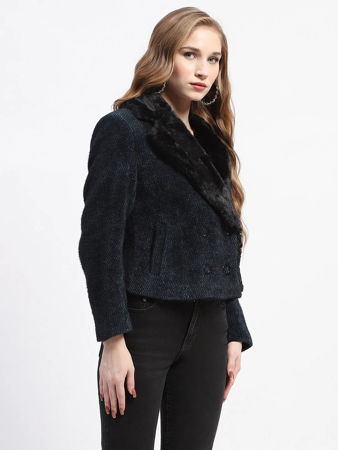Madame Faux Fur Lapel Double Breasted Teal Short Coat