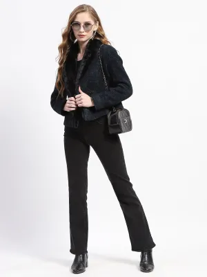 Madame Faux Fur Lapel Double Breasted Teal Short Coat