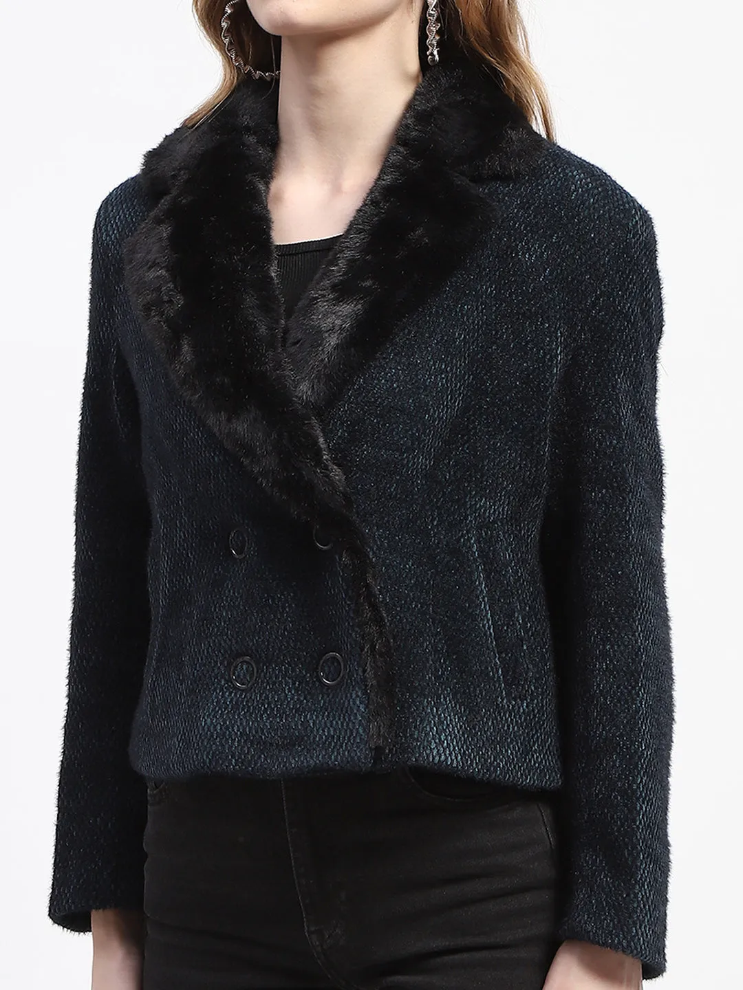 Madame Faux Fur Lapel Double Breasted Teal Short Coat