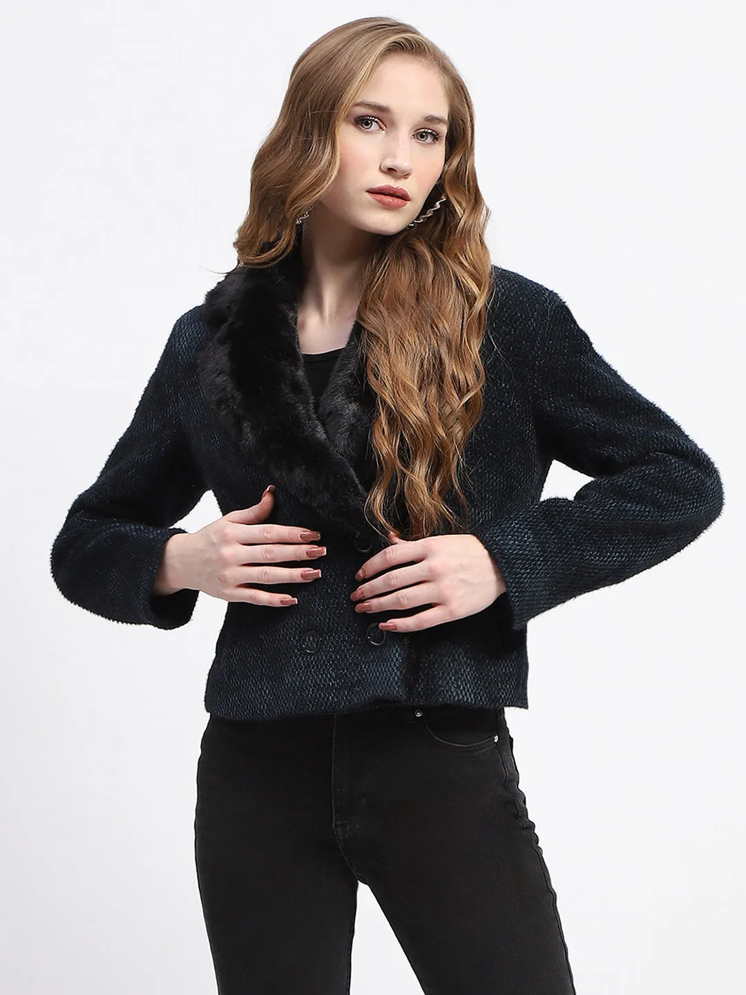 Madame Faux Fur Lapel Double Breasted Teal Short Coat