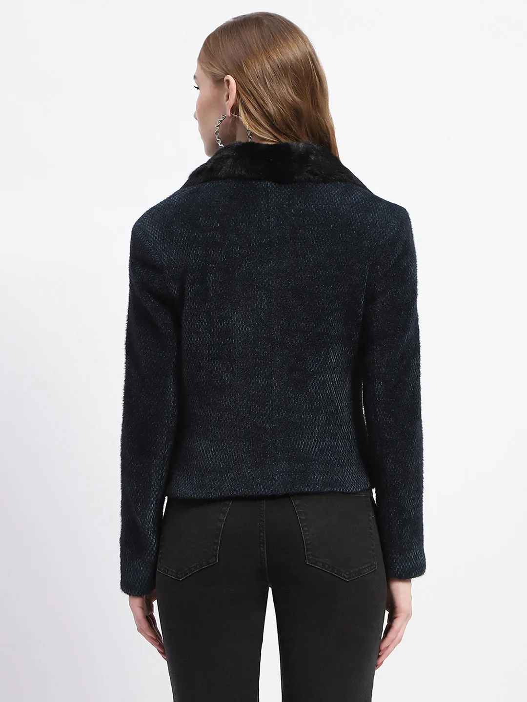 Madame Faux Fur Lapel Double Breasted Teal Short Coat