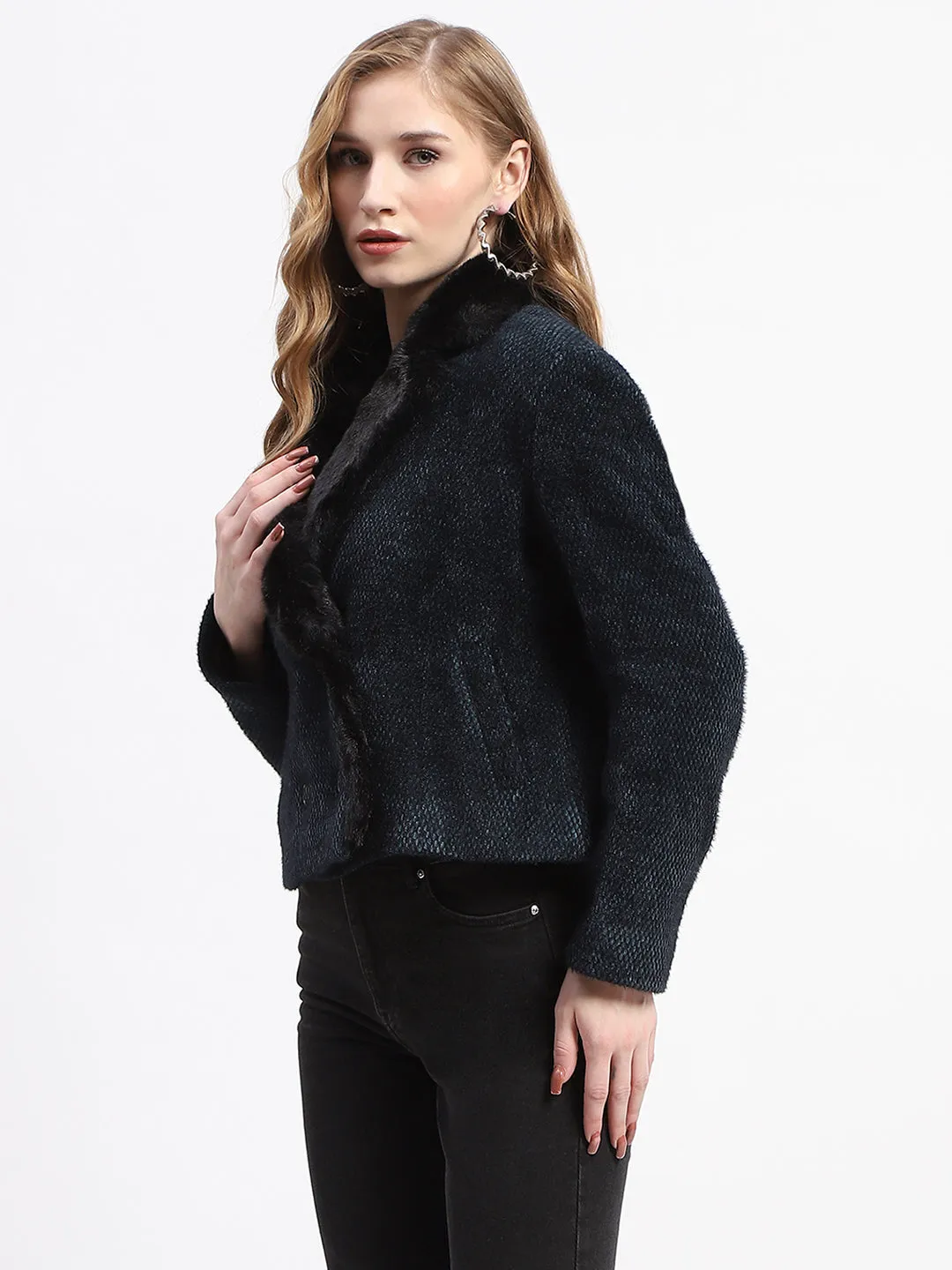 Madame Faux Fur Lapel Double Breasted Teal Short Coat