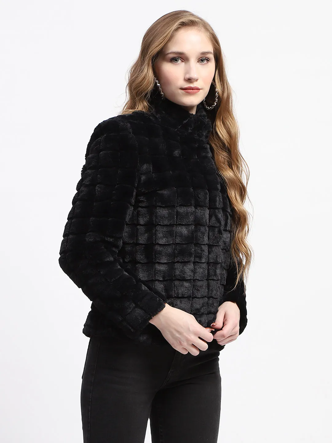 Madame Faux Fur Mock Neck Collar Short Coat