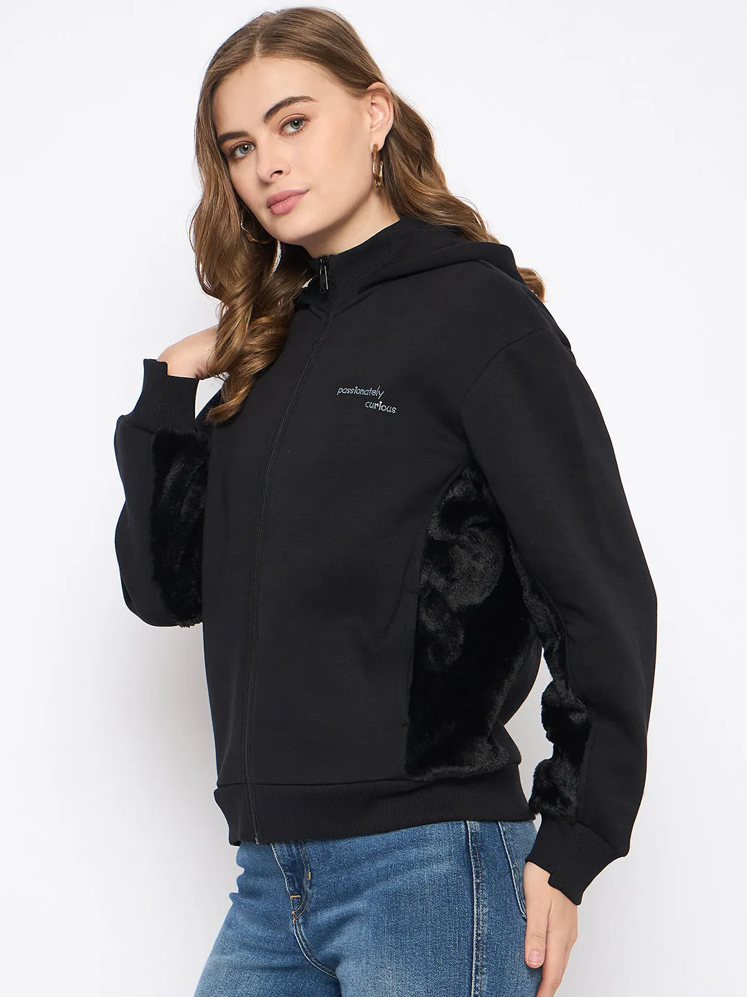 Madame Placement Print with Cut & Sew Fur Black Zipped Sweatshirt