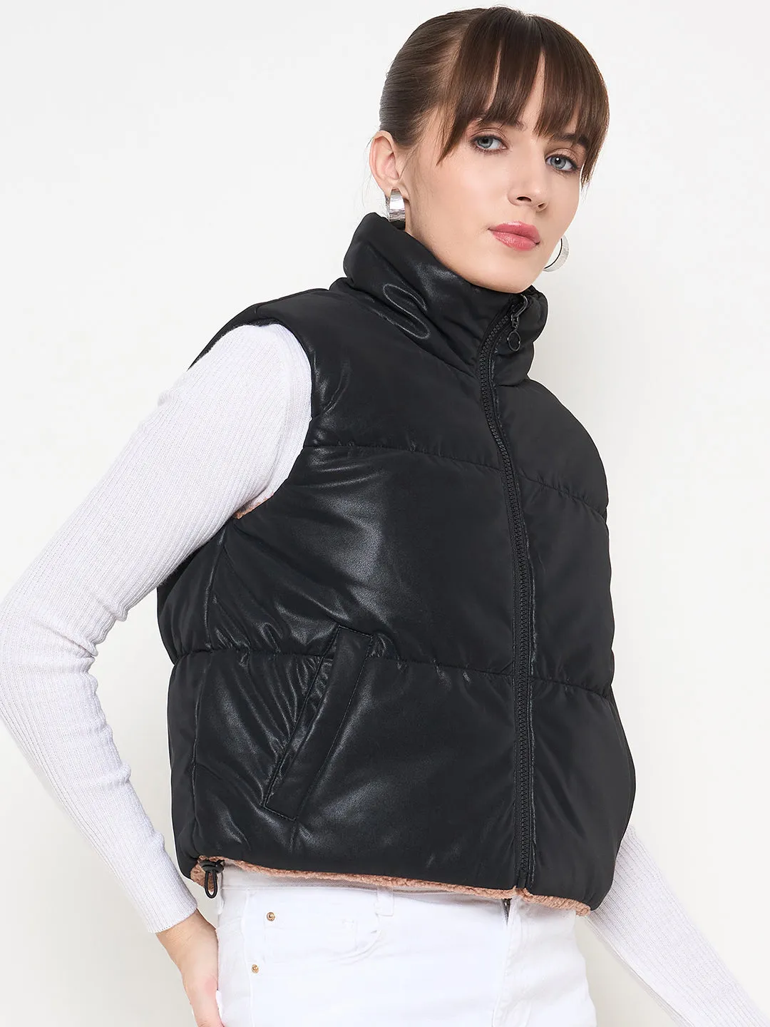 Madame Quilted Reversible Faux Fur Black Zipper Jacket