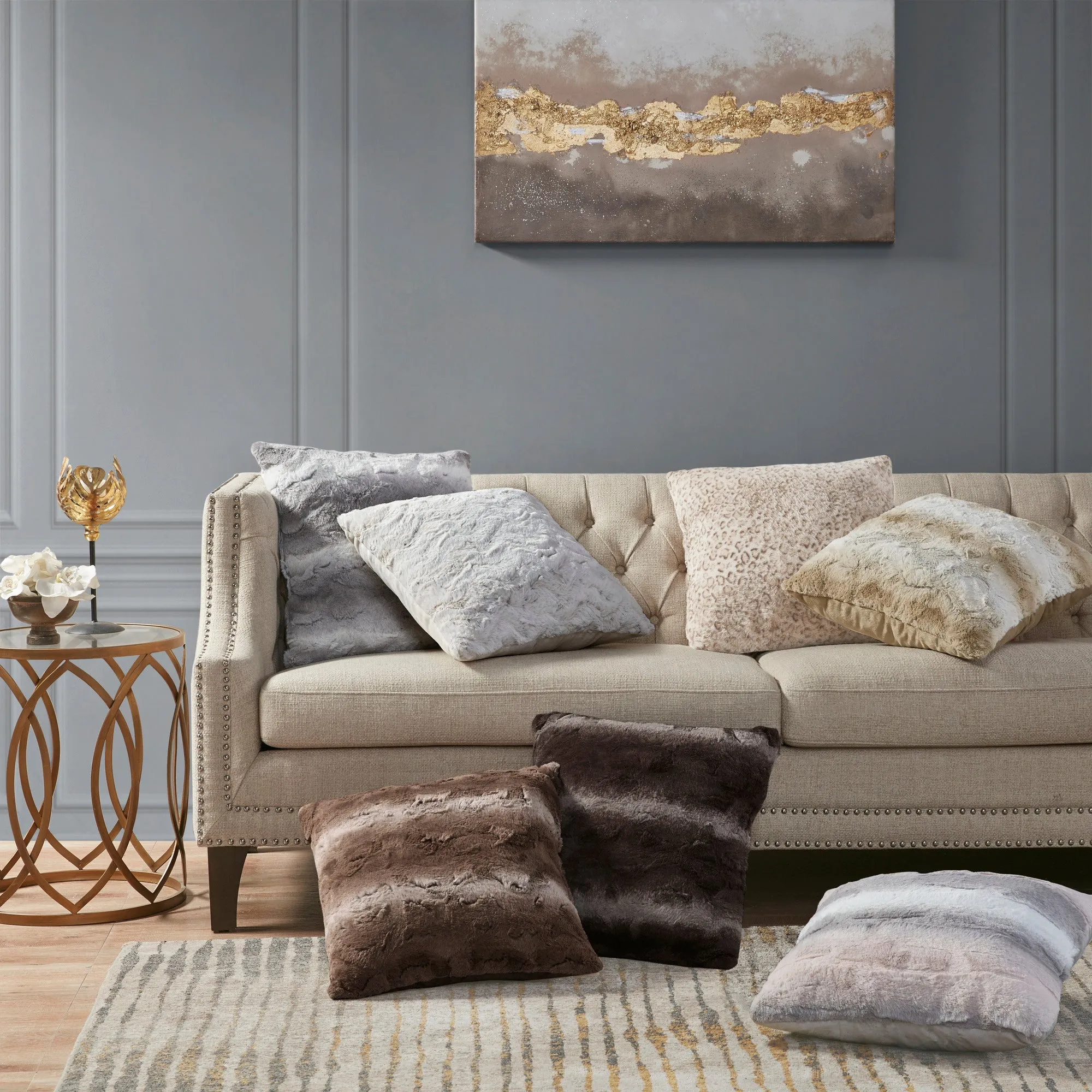 Marselle Faux Fur Square Pillow Blush/Grey