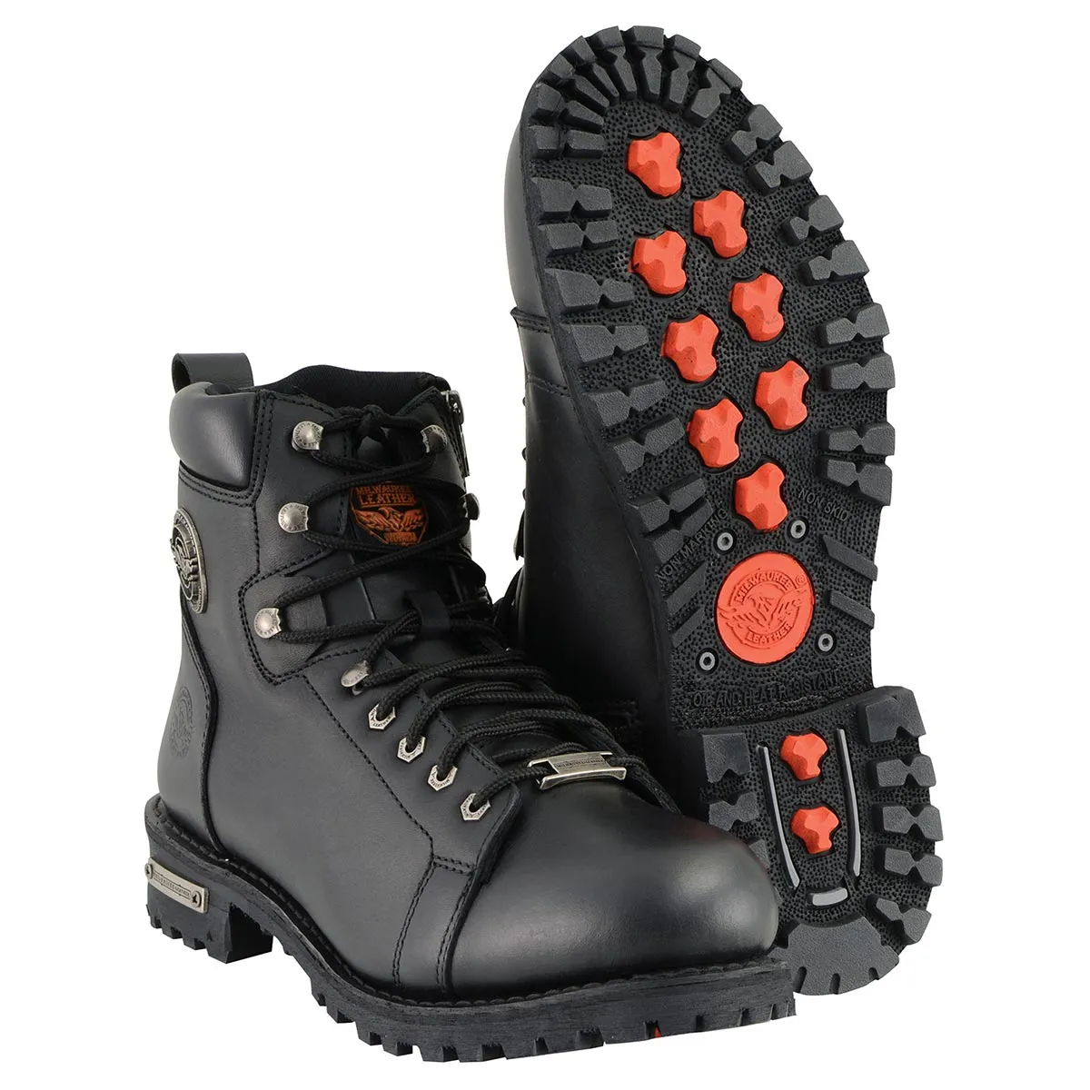 MBM100 Men's Black Leather Lace-Up Motorcycle Boots with Side Zipper