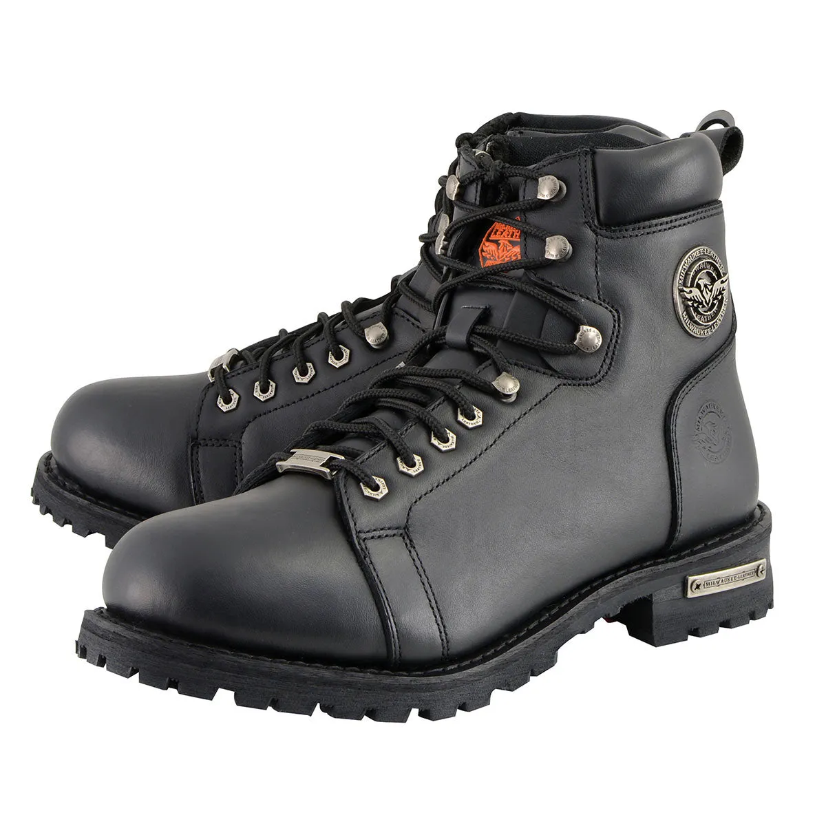 MBM100 Men's Black Leather Lace-Up Motorcycle Boots with Side Zipper