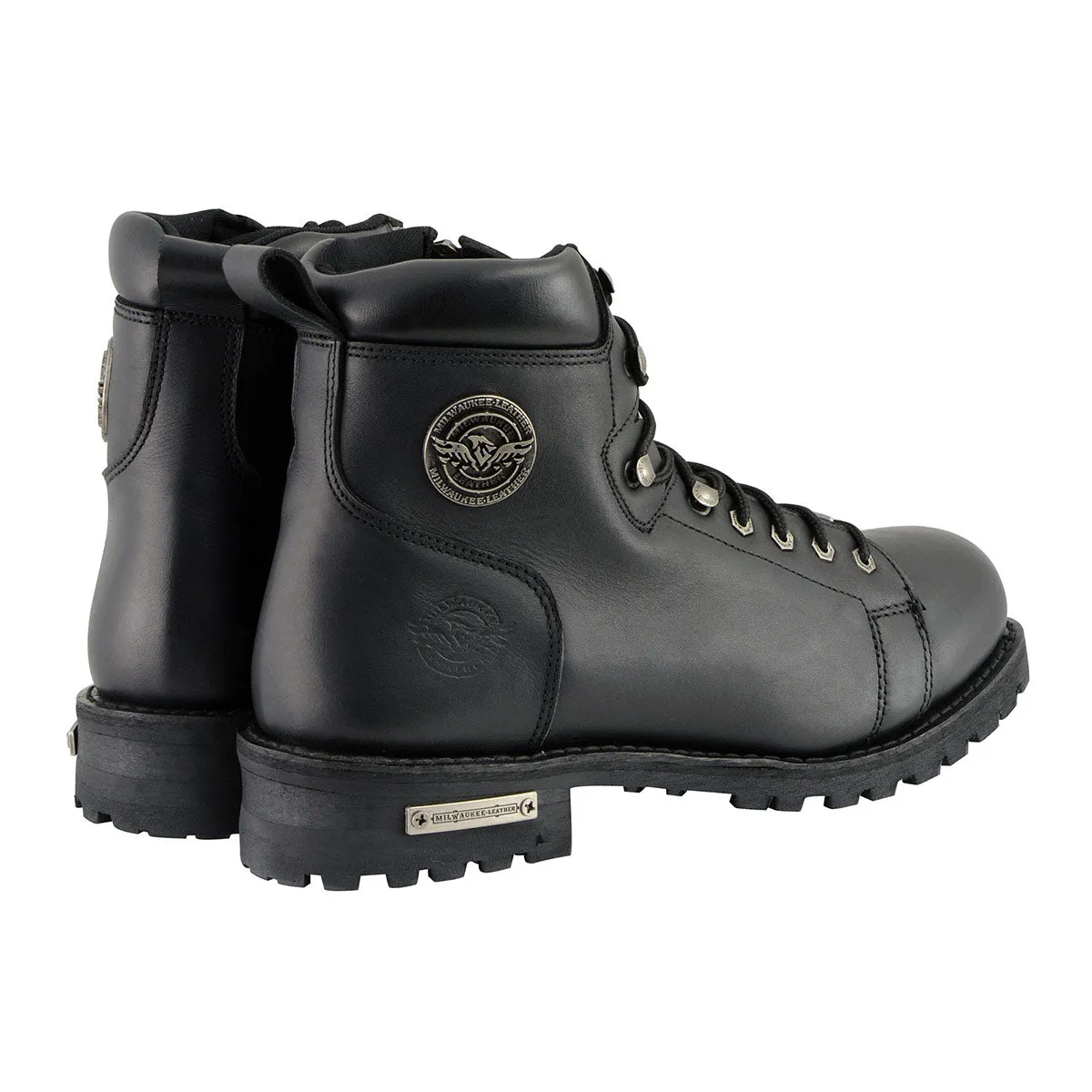 MBM100 Men's Black Leather Lace-Up Motorcycle Boots with Side Zipper