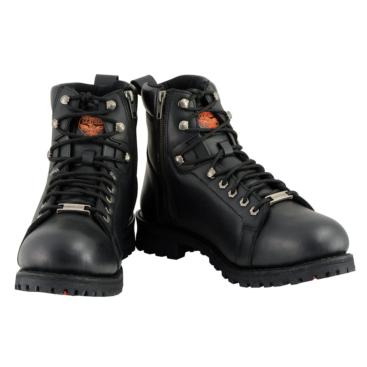 MBM100 Men's Black Leather Lace-Up Motorcycle Boots with Side Zipper