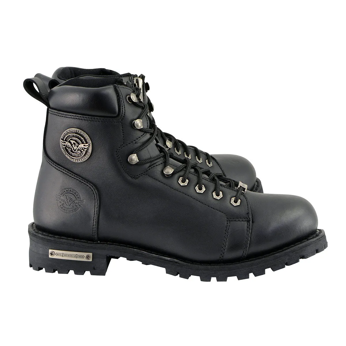 MBM100 Men's Black Leather Lace-Up Motorcycle Boots with Side Zipper