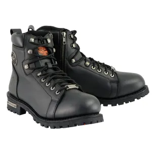 MBM100 Men's Black Leather Lace-Up Motorcycle Boots with Side Zipper