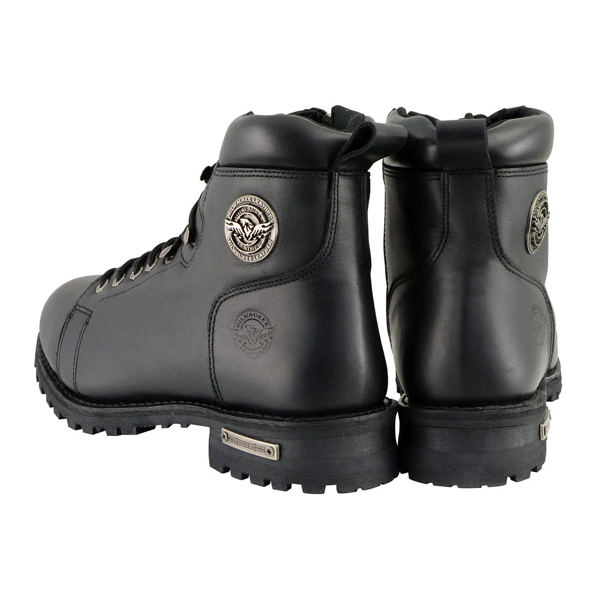 MBM100 Men's Black Leather Lace-Up Motorcycle Boots with Side Zipper