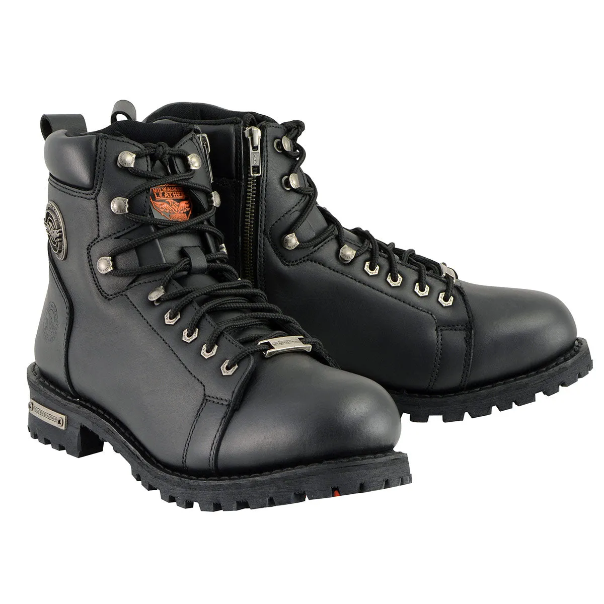 MBM100 Men's Black Leather Lace-Up Motorcycle Boots with Side Zipper